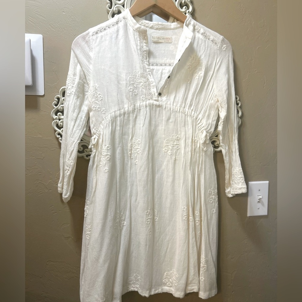 Zara Girls White Cotton Embroidered Long Sleeve Tunic Top